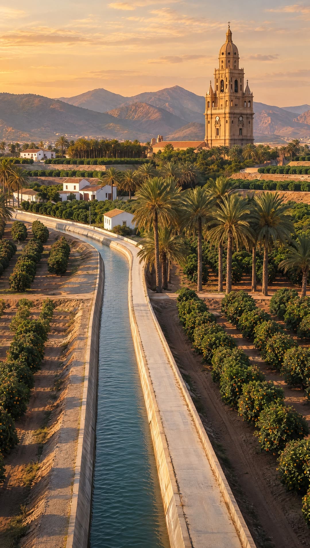 Vista aérea de la huerta de Murcia con la acequia entre naranjos y la torre de la catedral al fondo