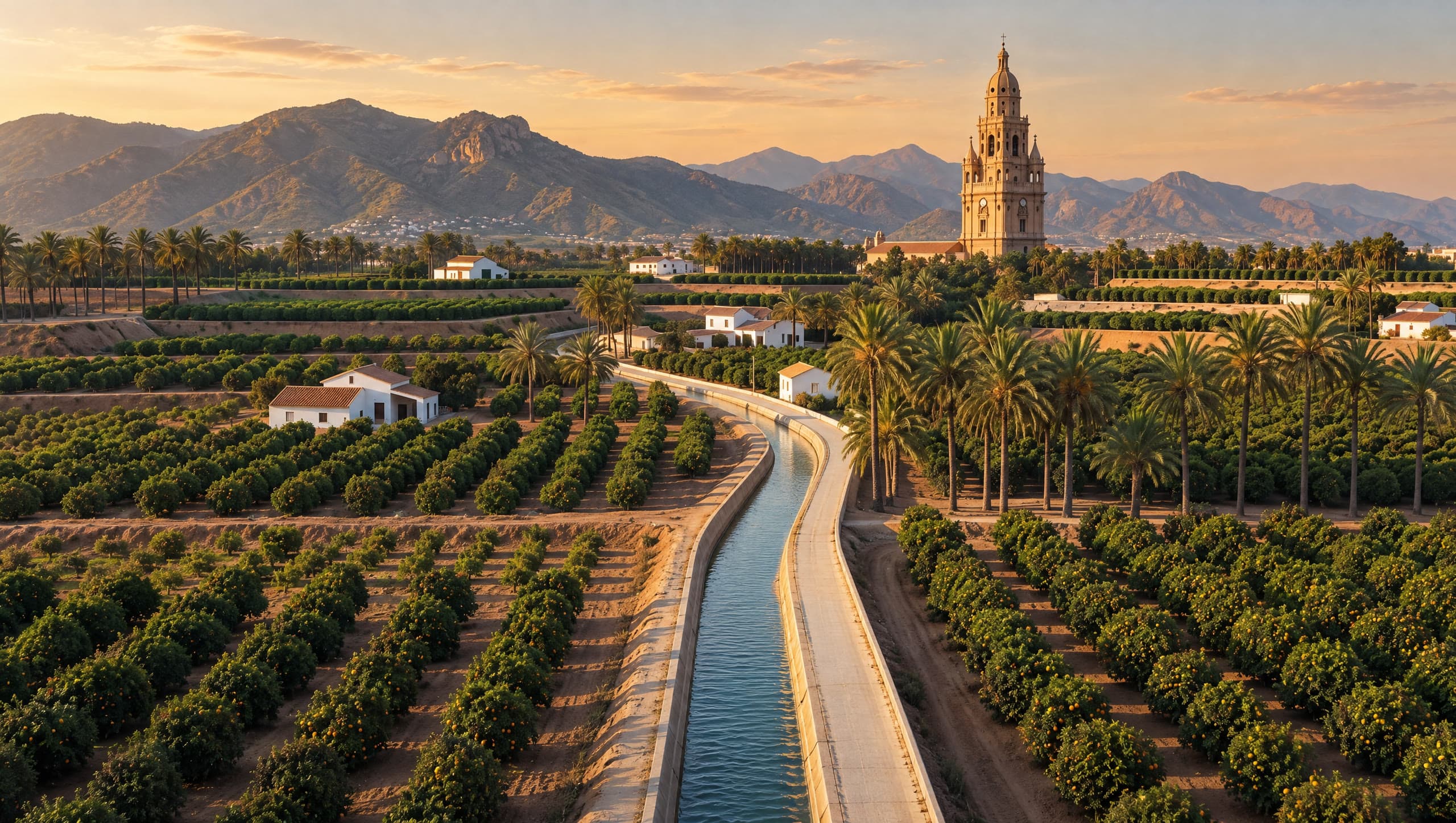 Vista aérea de la huerta de Murcia con la acequia entre naranjos y la torre de la catedral al fondo