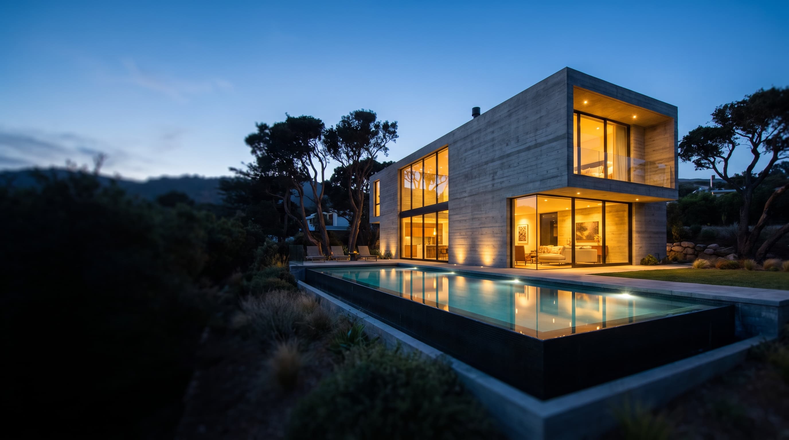 Vivienda contemporánea de hormigón y vidrio al anochecer, con la luz interior saliendo y una piscina iluminada