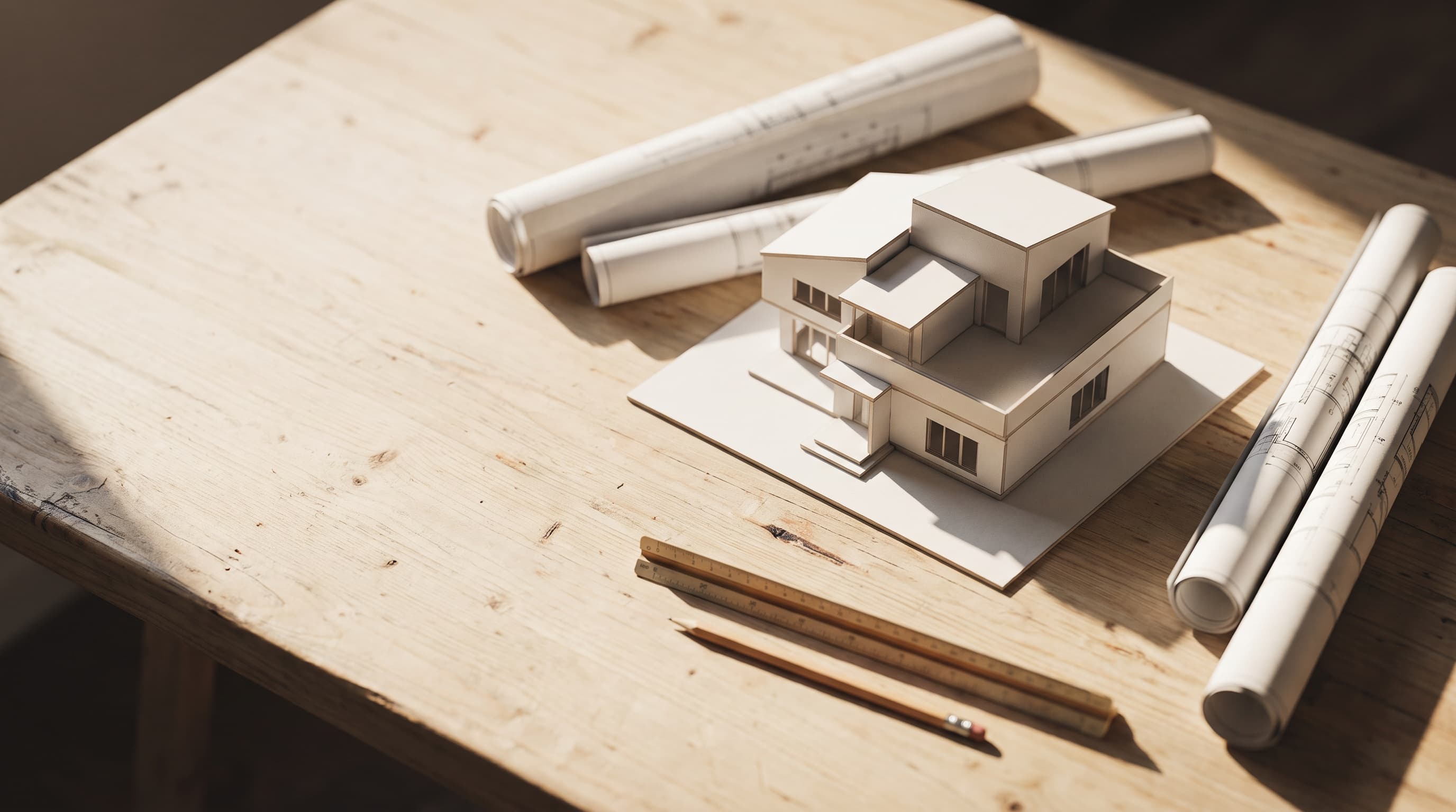Mesa de arquitecto vista desde arriba con una maqueta de cartón, planos enrollados y un escalímetro