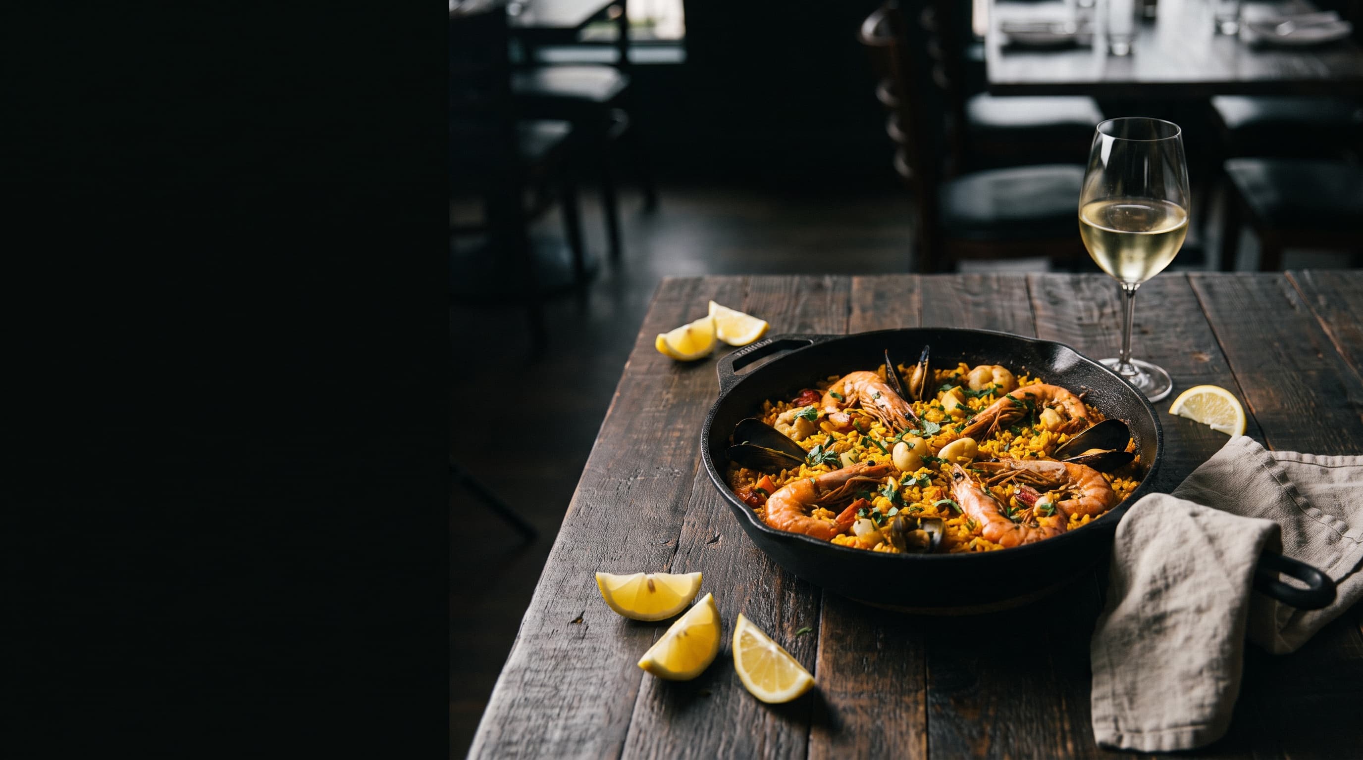 Arroz en paella de hierro sobre mesa de madera rústica, visto desde arriba