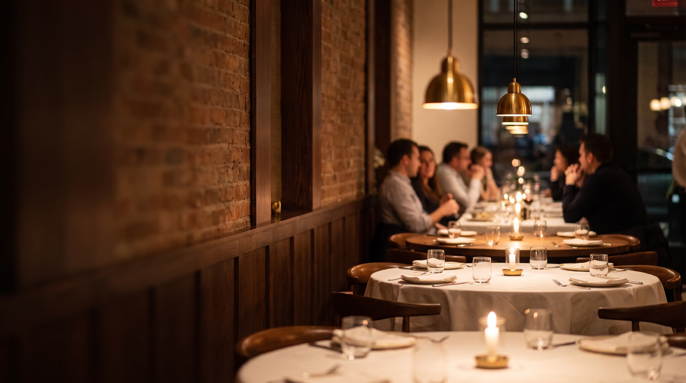 Comedor de restaurante de noche, con ladrillo visto, lámparas colgantes y mesas vestidas
