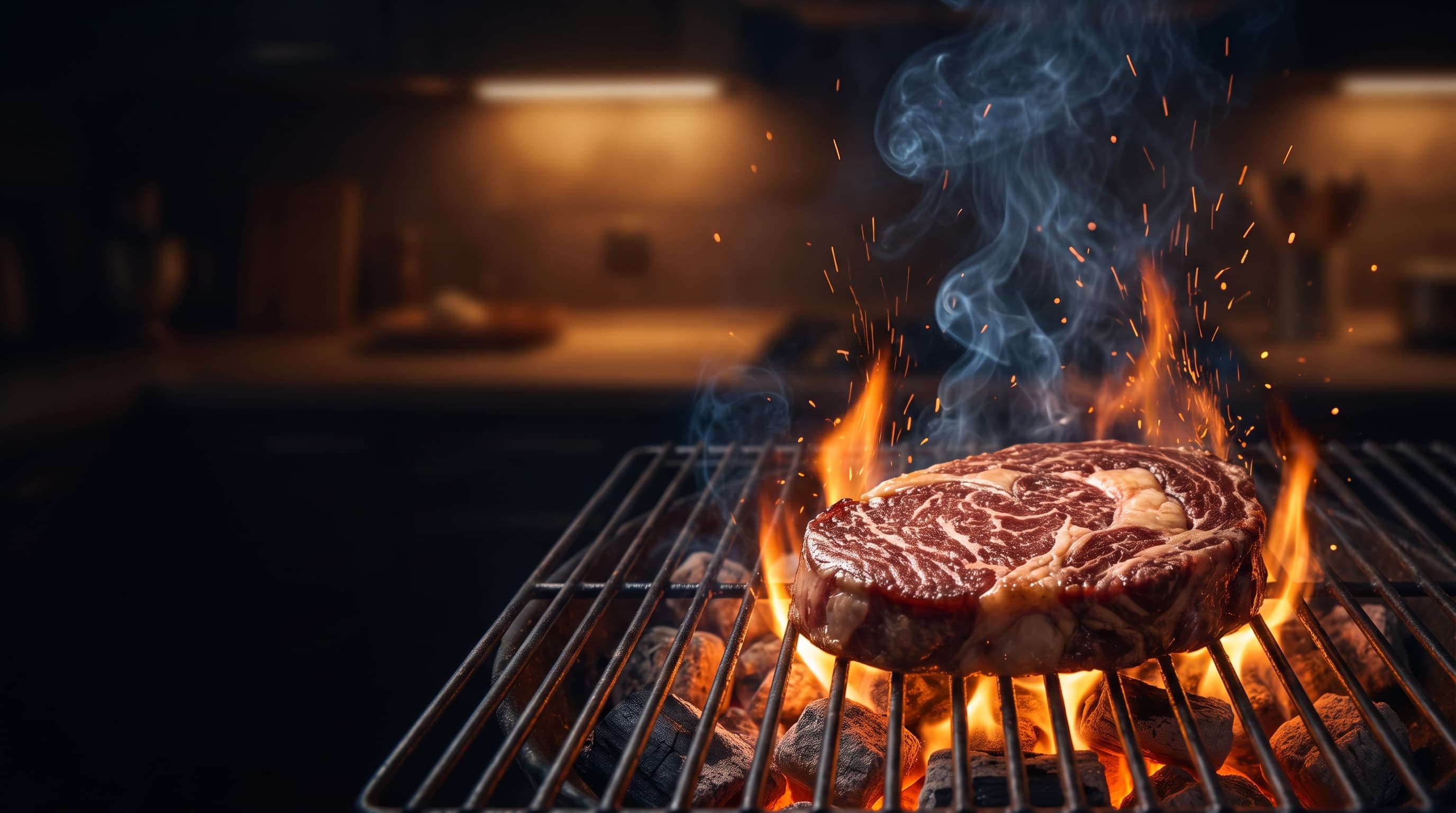 Carne asándose sobre brasas de encina en una parrilla profesional, con chispas y humo